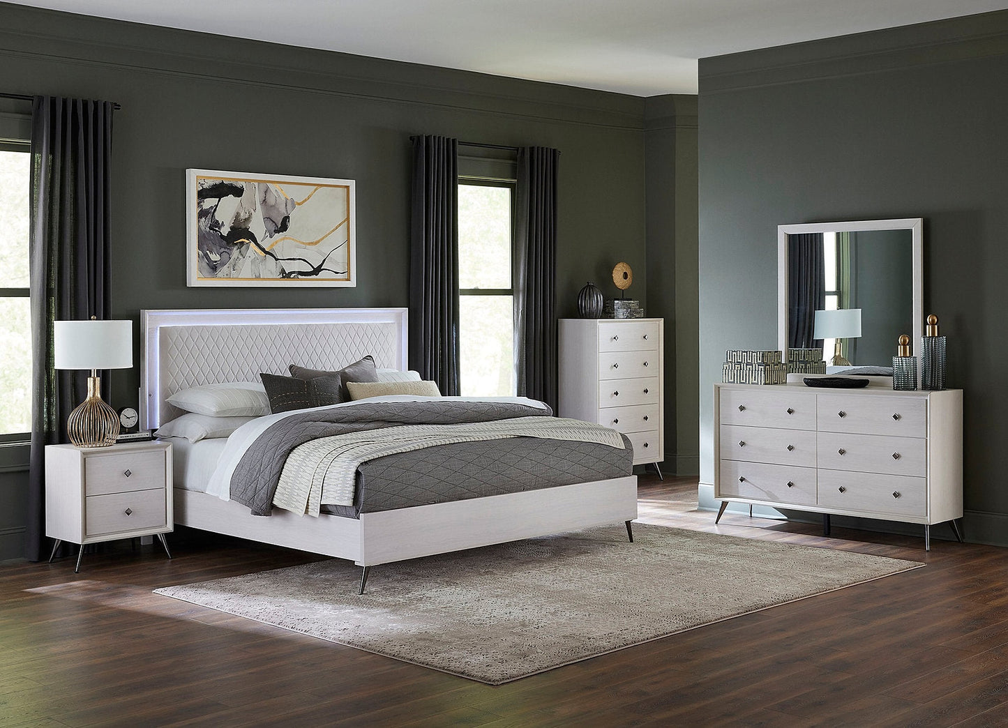 Ella Bedroom SET 5Pc LED Wood and Velvet Headboard Finish EB-Ella