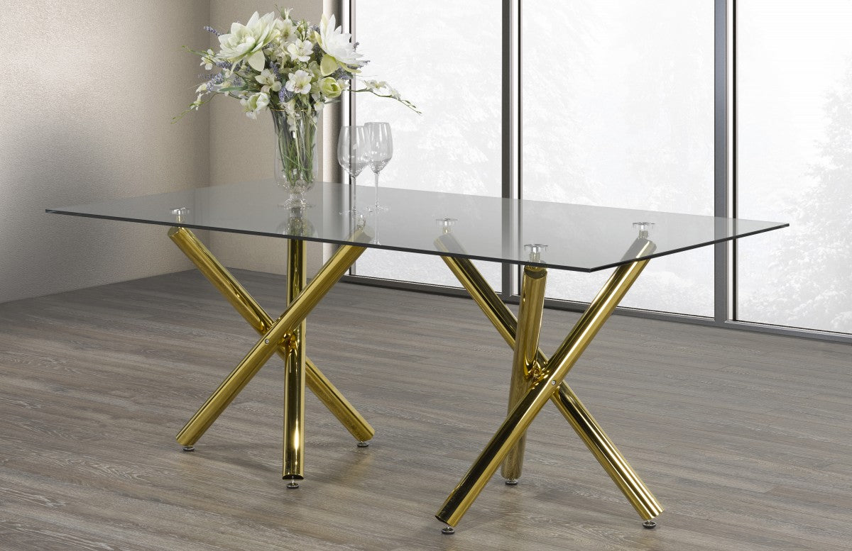 5-PIECE DINING SET BLACK CHAIRS /GOLD BASE WITH TOP GLASS