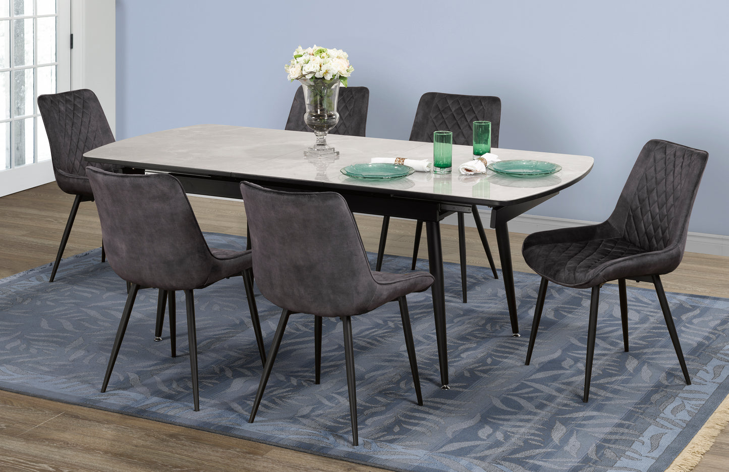 7-PIECE DINING SET -EXTENSION TABLE WITH 6 GREY CHAIRS