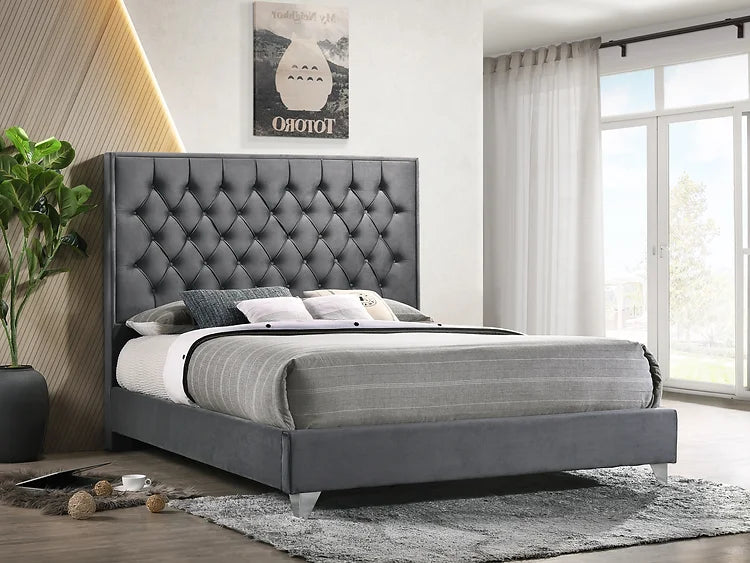 Diamond Pattern Grey Velvet Bed