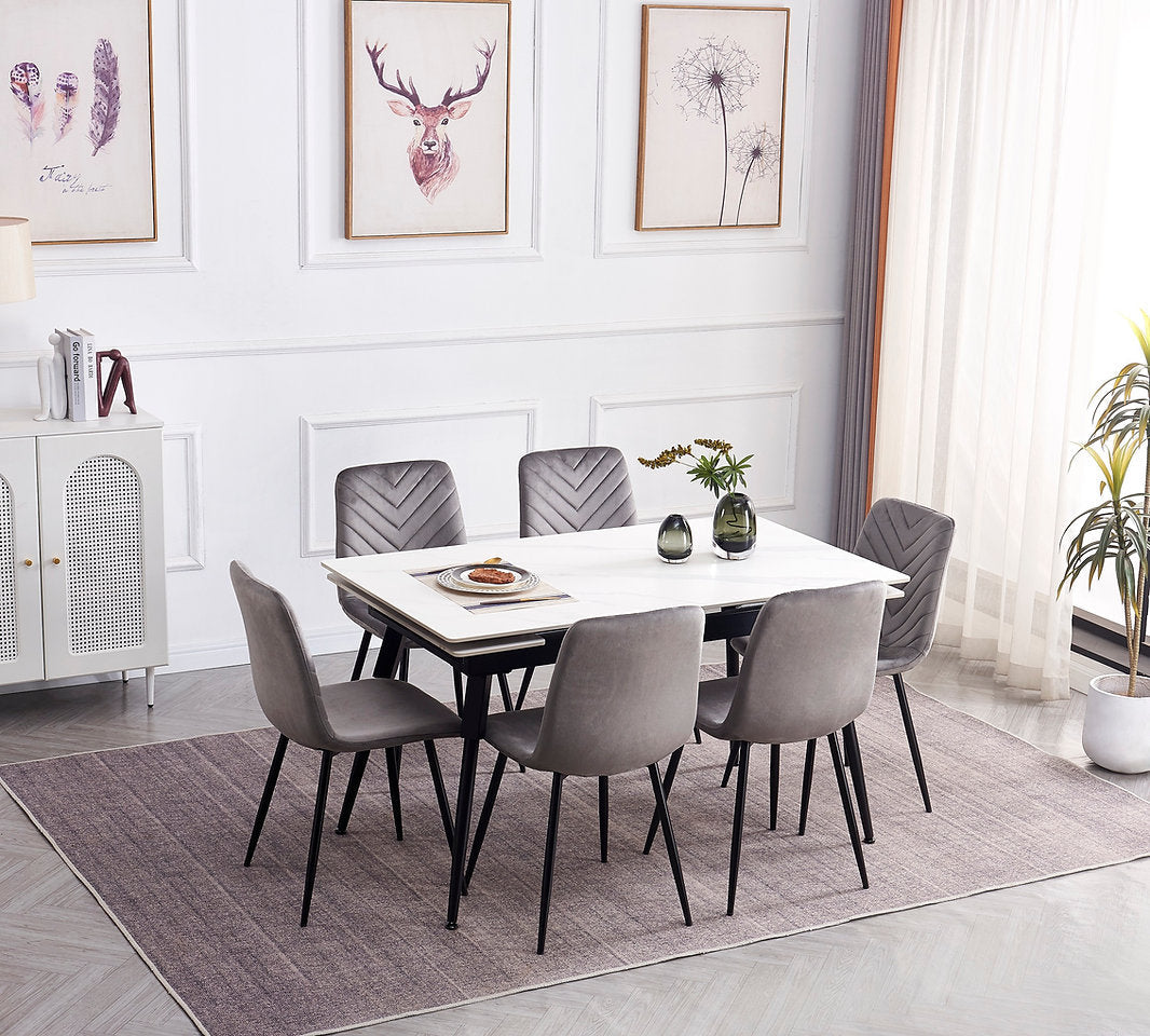 7-Piece Dining Set Sintered Stone White Marble Top Extendible Table with Soft Grey Velvet, Stitching Details & Black Steel Legs