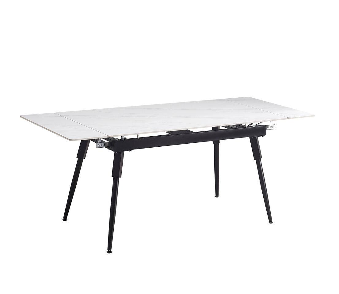 7-Piece Dining Set Sintered Stone White Marble Top Extendible Table with Soft Grey Velvet, Stitching Details & Black Steel Legs