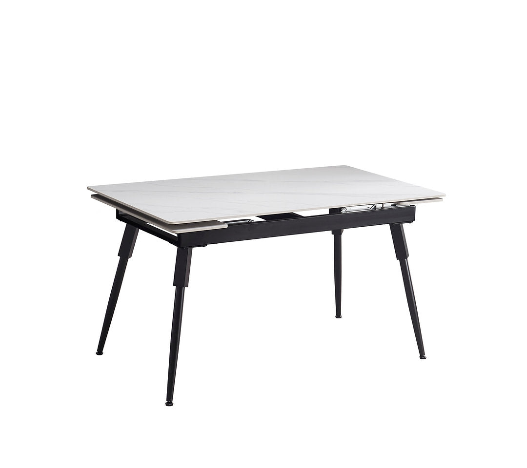 7-Piece Dining Set Sintered Stone White Marble Top Extendible Table with Soft Grey Velvet, Stitching Details & Black Steel Legs