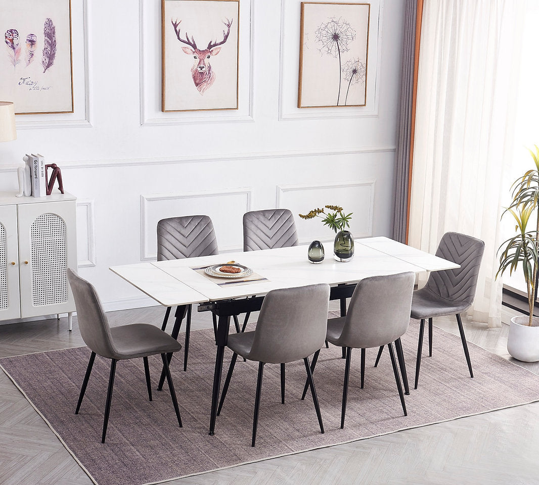 7-Piece Dining Set Sintered Stone White Marble Top Extendible Table with Soft Grey Velvet, Stitching Details & Black Steel Legs