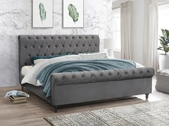 Grey Velvet Sleigh Upholstered Bed with Tufting