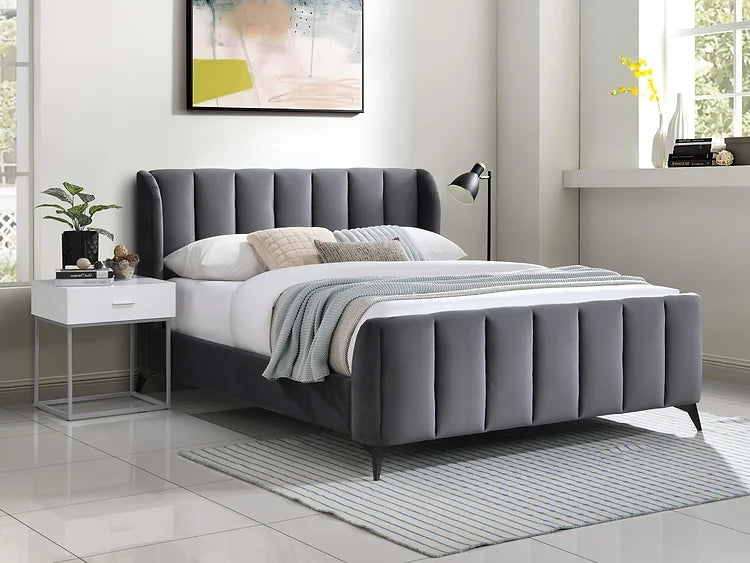 Modern Grey Velvet Vertical Tufting with Padded Wing Headboard
