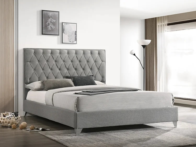 Light Grey Fabric Platform Bed With Diamond Pattern Button Details and Chrome Legs