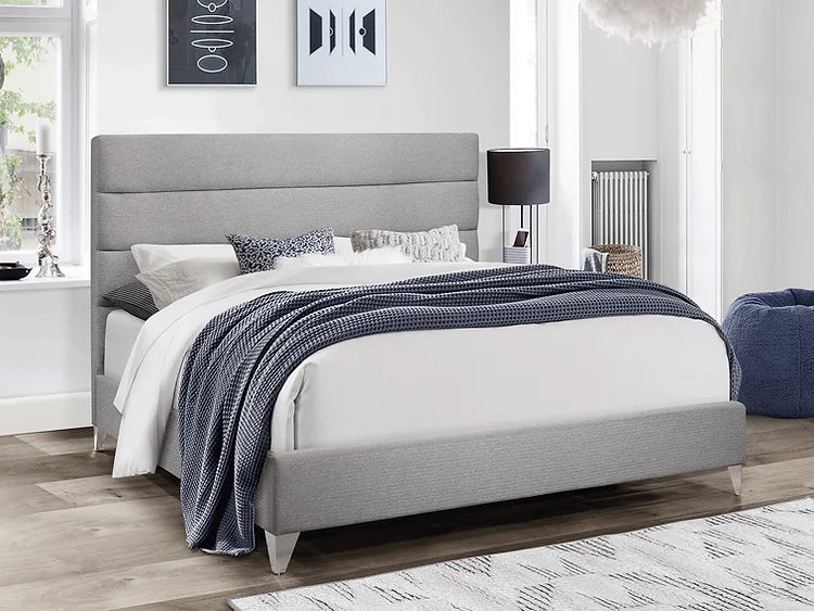 Horizontal Deep Tufted Grey Fabric Platform Bed with Chrome Legs