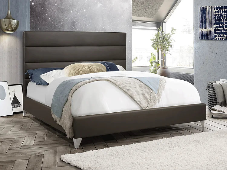 Horizontal Deep Tufted Grey PU Platform Bed with Chrome Legs