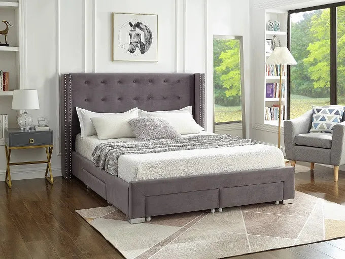 Grey Velvet Winged Storage Bed with Deep Tufting & Nailhead Trim