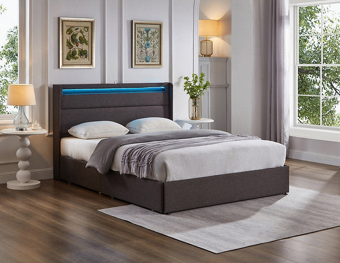 Modern Wingback Bed with Stitching Detail, LED Lights & Hidden Storage – Grey Fabric