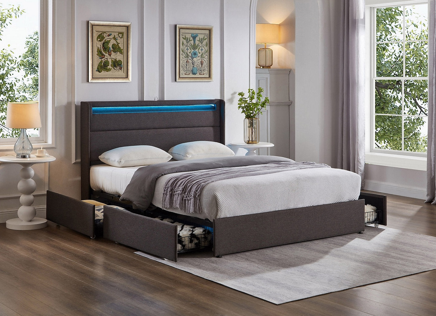 Modern Wingback Bed with Stitching Detail, LED Lights & Hidden Storage – Grey Fabric