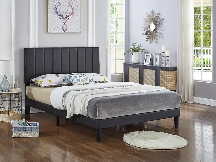 Black PU Bed with Vertical Tufting