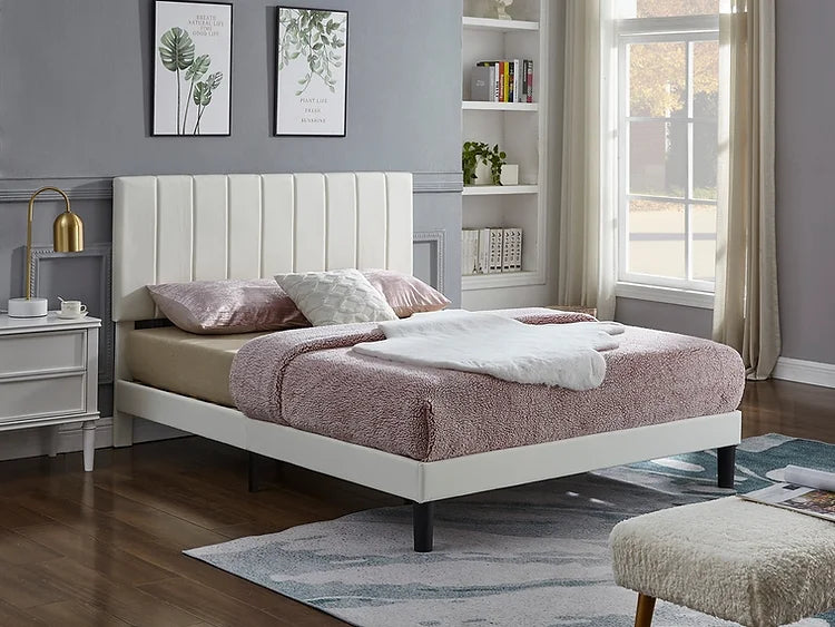 White Leatherette Bed with Vertical Tufting