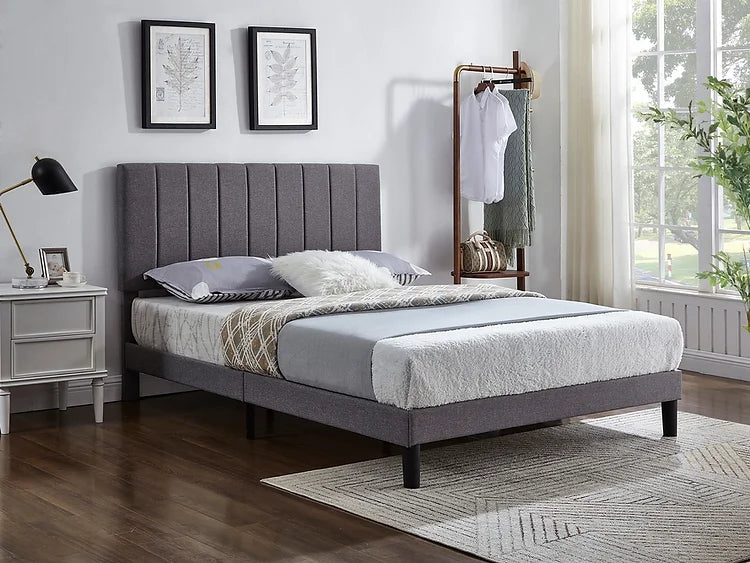 Grey Fabric Bed with Vertical Tufting
