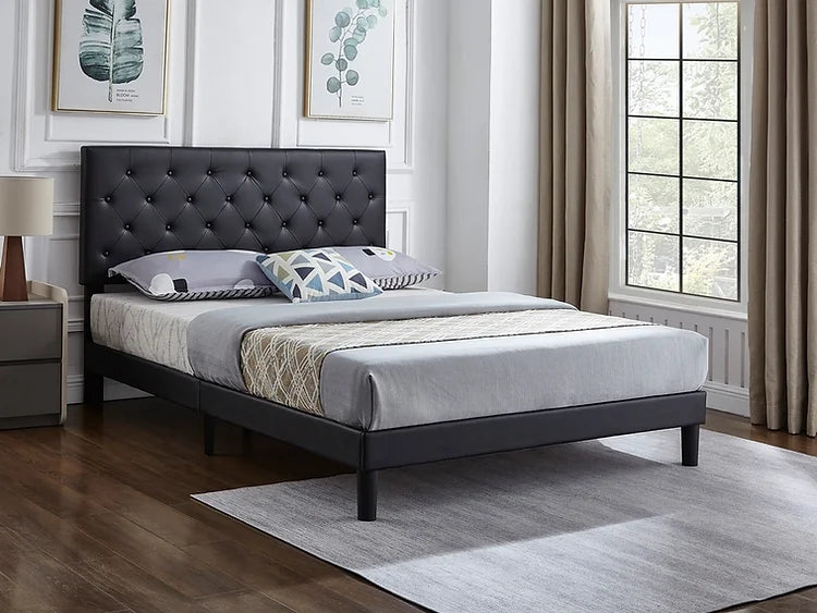 Black PU Bed with Button Tufting