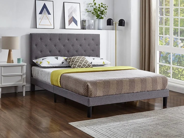 Grey Fabric Bed with Button Tufting