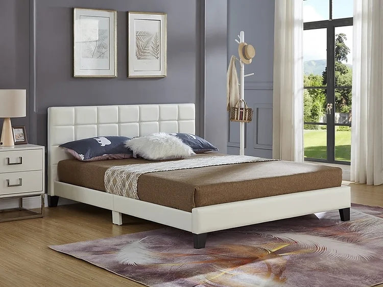 White Leatherette Bed with Padded Headboard and Storage Drawer