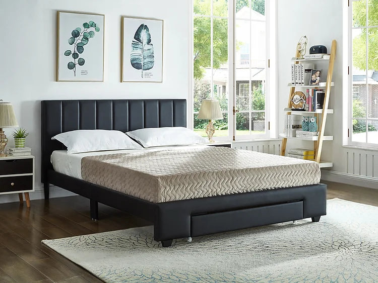 Black Leatherette Bed with Padded Headboard and Storage Drawer