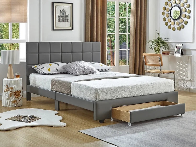 Grey Leatherette Bed with Padded Headboard and Storage Drawer