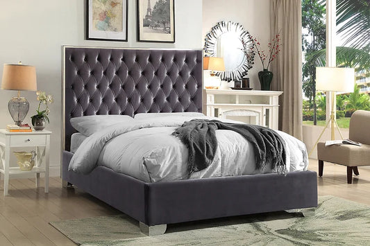 Grey Velvet Fabric with Deep Tufting and Chrome Trim on Headboard
