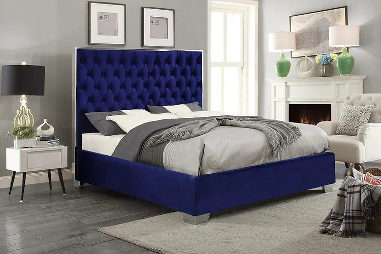 Navy Velvet Fabric with Deep Tufting and Chrome Trim on Headboard