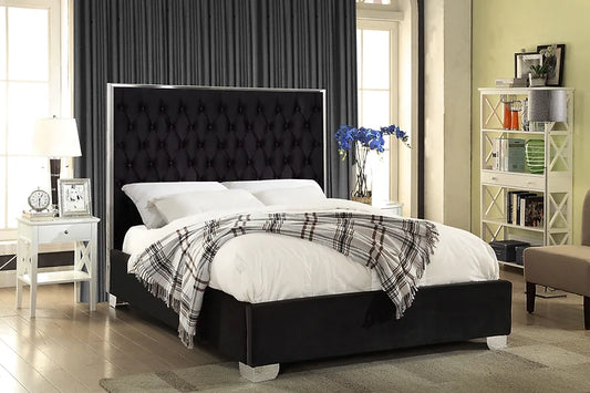 Black Velvet Fabric with Deep Tufting and Chrome Trim on Headboard