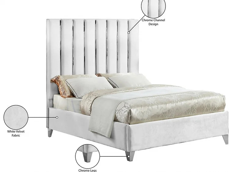 Deep Tufted Creme Velvet Fabric Bed with Dual Chrome/Gold Legs