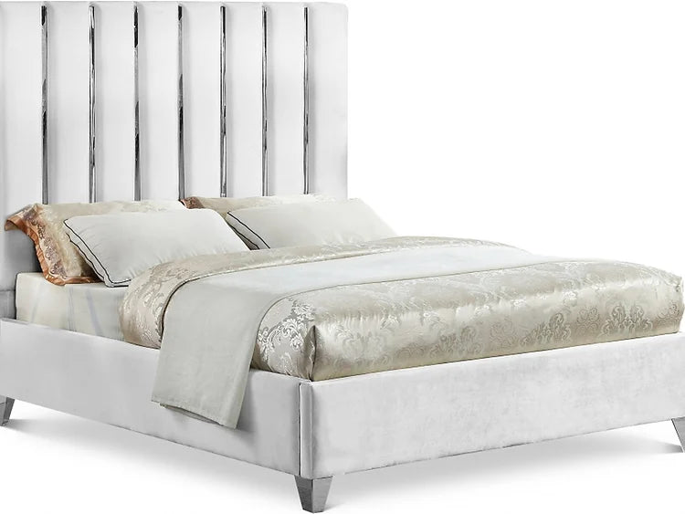Deep Tufted Creme Velvet Fabric Bed with Dual Chrome/Gold Legs