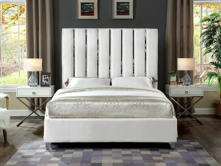 Deep Tufted Creme Velvet Fabric Bed with Dual Chrome/Gold Legs