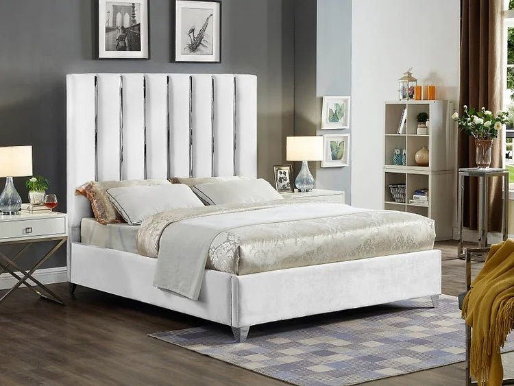 Deep Tufted Creme Velvet Fabric Bed with Dual Chrome/Gold Legs