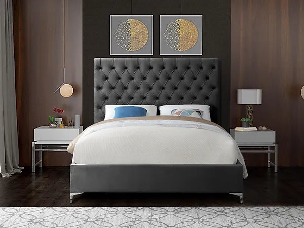 Deep Tufted Velvet Fabric Bed with Dual Chrome/Gold Legs