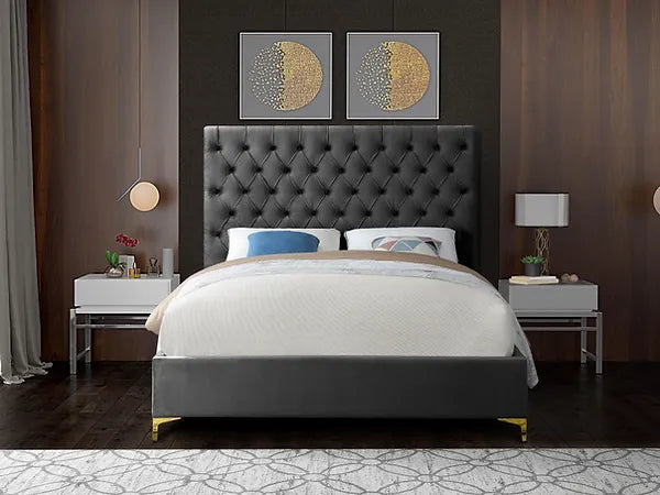 Deep Tufted Velvet Fabric Bed with Dual Chrome/Gold Legs