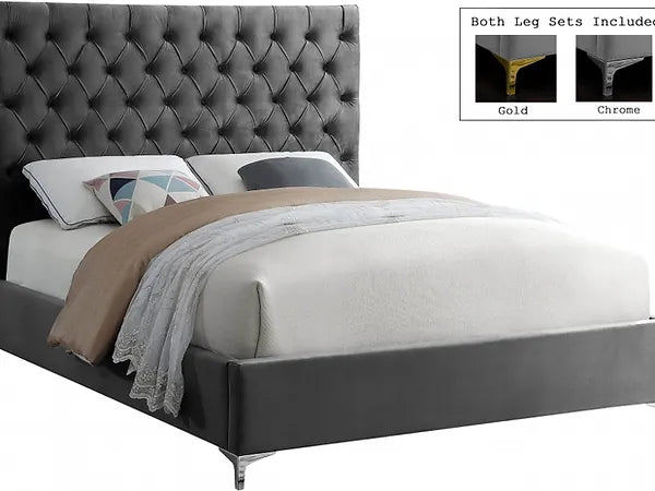 Deep Tufted Velvet Fabric Bed with Dual Chrome/Gold Legs