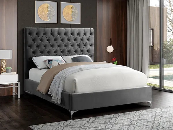 Deep Tufted Velvet Fabric Bed with Dual Chrome/Gold Legs