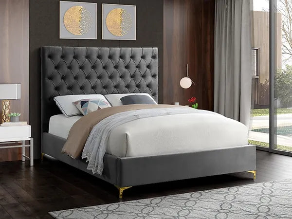 Deep Tufted Velvet Fabric Bed with Dual Chrome/Gold Legs