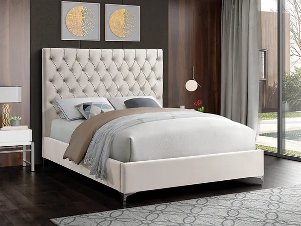 Deep Tufted Velvet Fabric Bed with Dual Chrome/Gold Legs