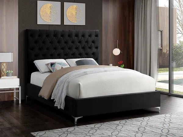 Deep Tufted Velvet Fabric Bed with Dual Chrome/Gold Legs