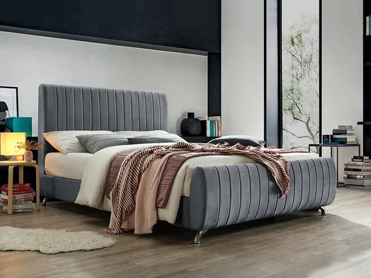 Grey Velvet Bed with Deep Tufting and Chrome Legs