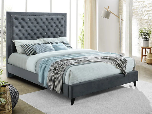 Deep Tufted Upholstered Grey Bed with Rhinestone and Nailhead Details