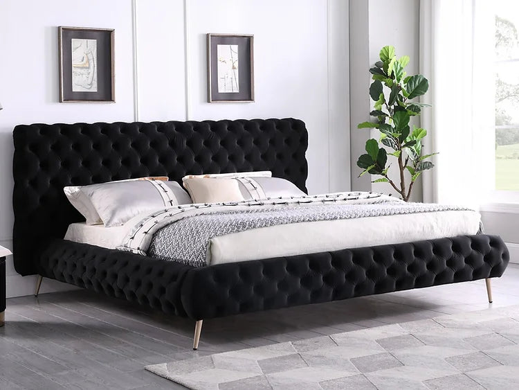 Black Velvet Fabric Sleek Platform Bed with Ultra-Deep Tufting