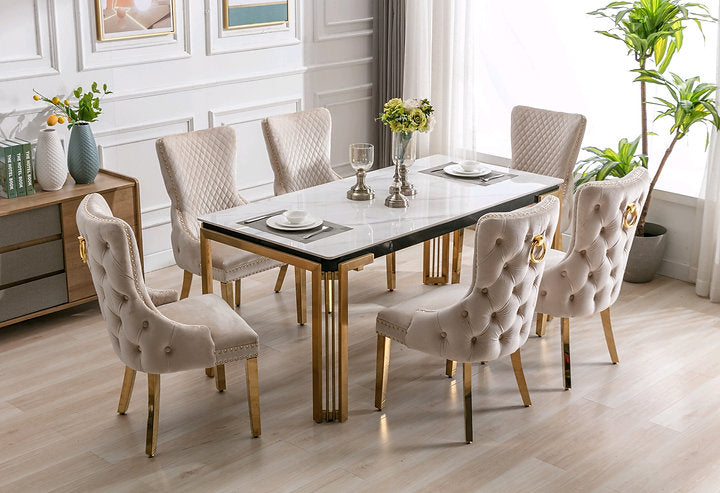 Leo 7 Piece Ceramic Marble Top With Stainless Gold Legs with Creme Velvet Dining Chair