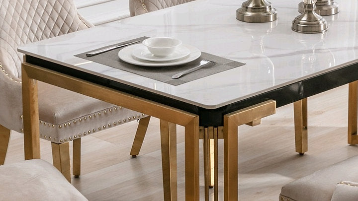 Leo 7 Piece Ceramic Marble Top With Stainless Gold Legs with Creme Velvet Dining Chair