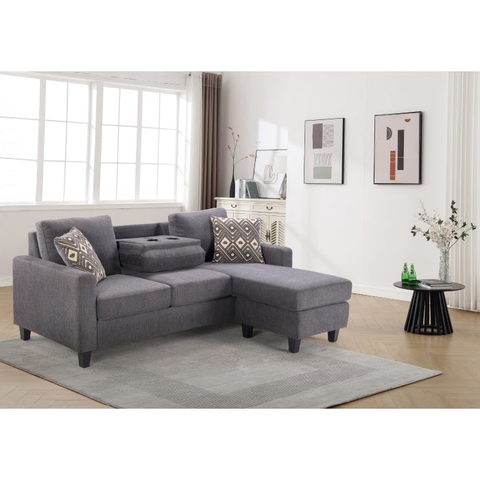 Grey Reversible Sofa Chaise with Drop-Down Table & Two Pillows