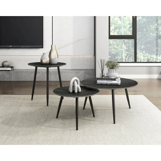 3-Piece Round Black Marble Sintered Stone Coffee Table Set EM-3697BK-31