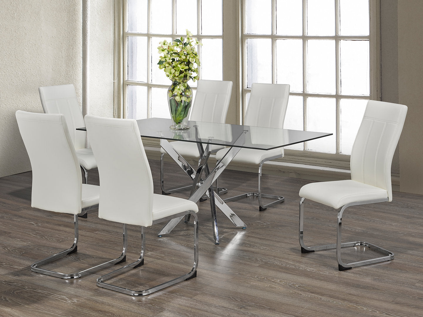 7-Piece Glass Top with White Chairs Chrome Legs