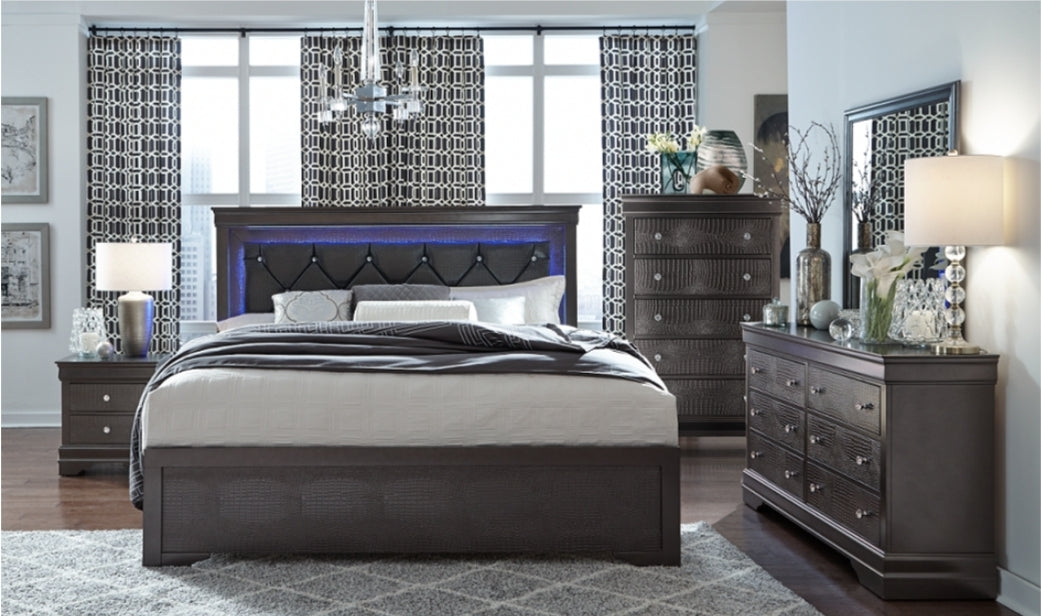 Pompei Bedroom SET 5PC LED Headboard Wood Finish EB-Pompei
