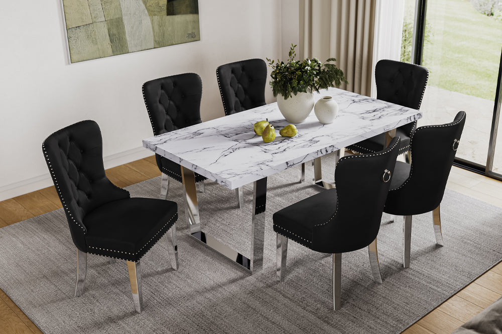 Dining Table Set 7Pc Marble Table Top Chrome Legs ET-3355/EC-1260