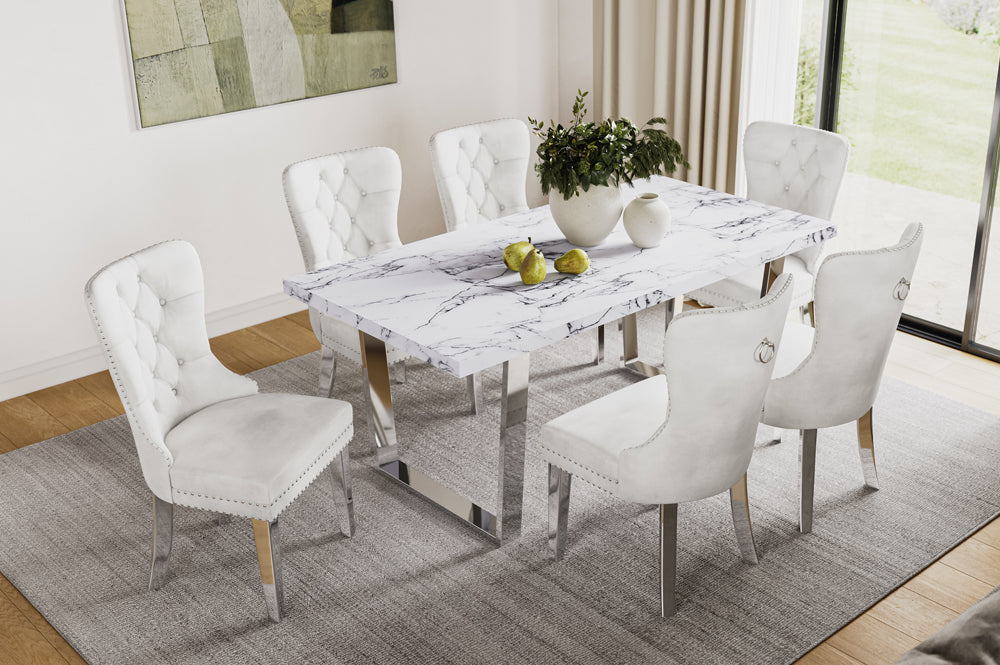 Dining Table Set 7Pc Marble Table Top Chrome Legs ET-3355/EC-1260