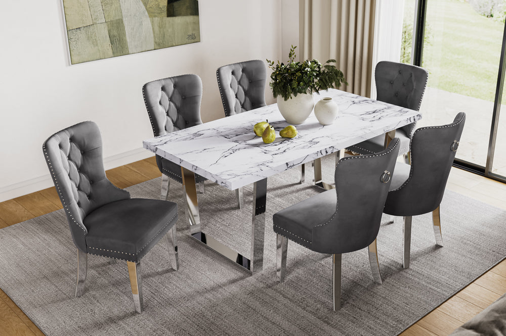 Dining Table Set 7Pc Marble Table Top Chrome Legs ET-3355/EC-1260